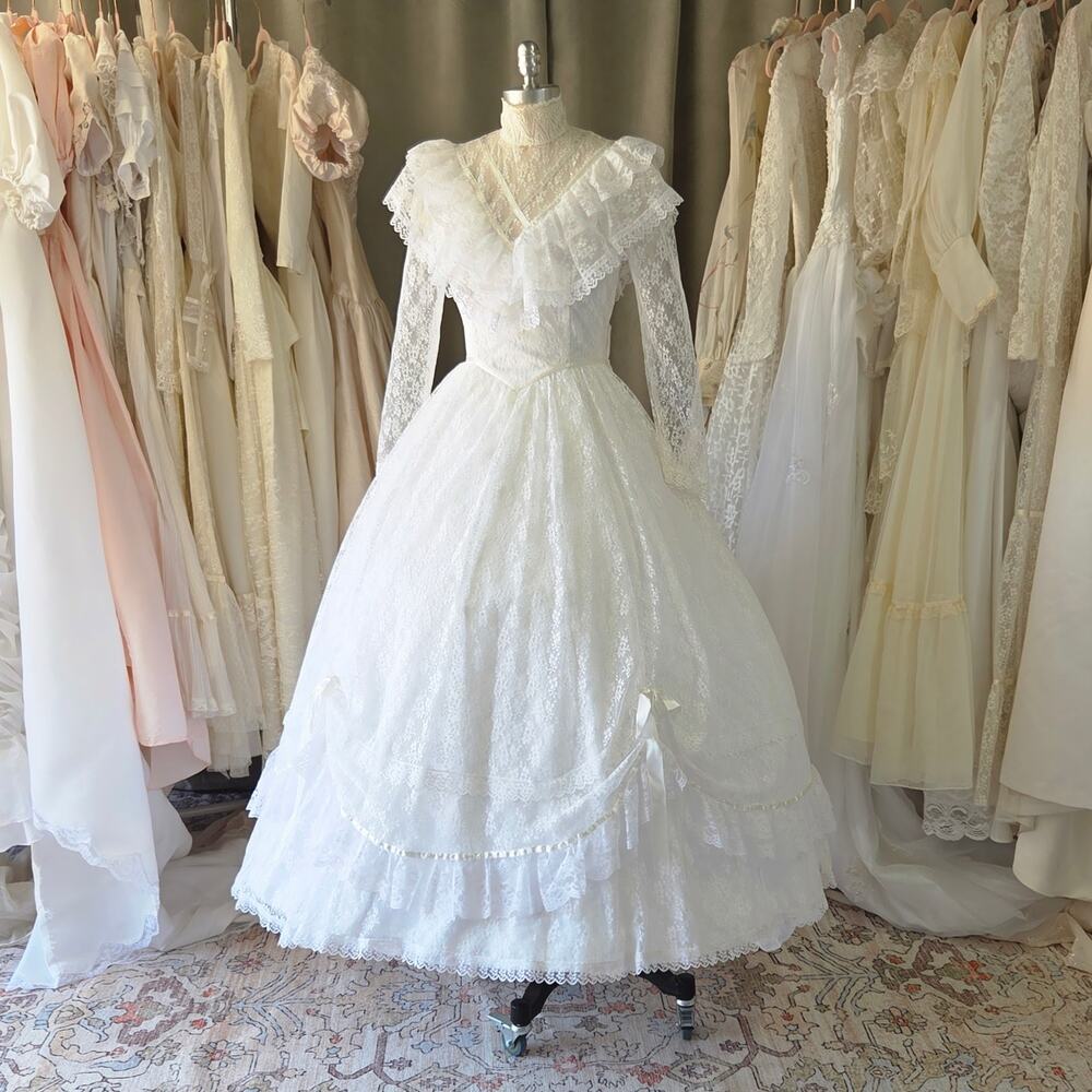 Jessica McClintock Vintage 80s Lace Wedding Dress Size S 7 Ruffle Gunne Sax